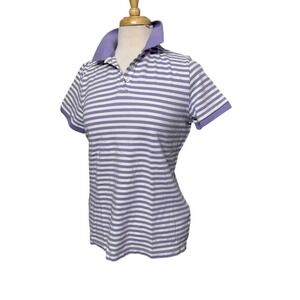 Striped Polo Shirt Preppy Casual Golf Light Purple White Cotton Short Sleeve Top
